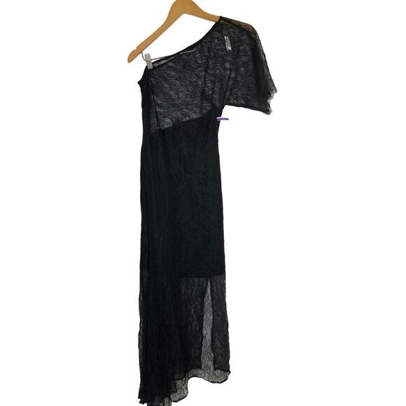 ASOS One Shoulder Dress Sheer Lace Asymmetrical Midi Evening Black NWOT 8 - Picture 2 of 7